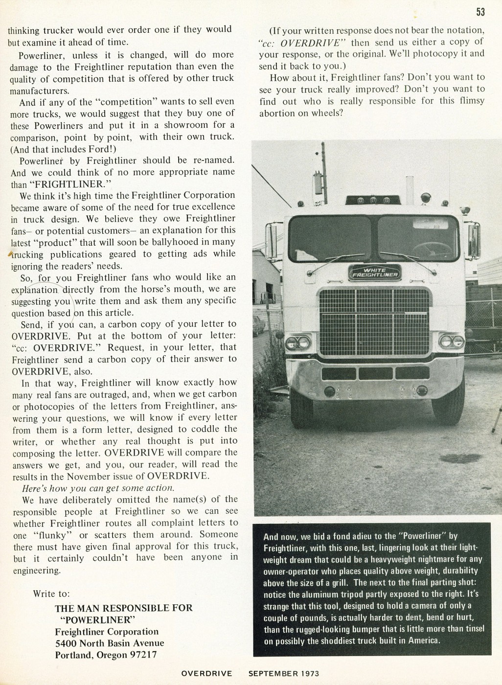 Photo September 1973 White Freightliner Powerliner Report 14 09