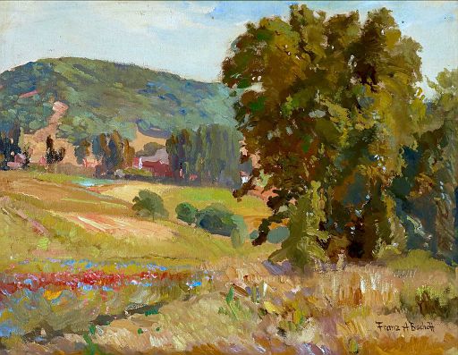 Trees in the Hills with a Patch of Blooming Flowers (undated)