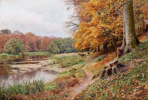 Autumn Day in the Forest, Red Deer by a Lake (1918)