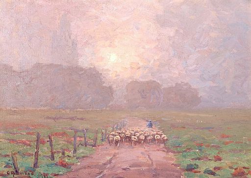 Shepherd Herding Sheep in a Misty Landscape (1911)